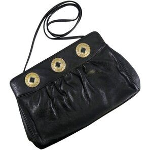 Black Leather Shoulder Bag Vintage 1980s Linda Allard Ellen Tracy Purse Clutch